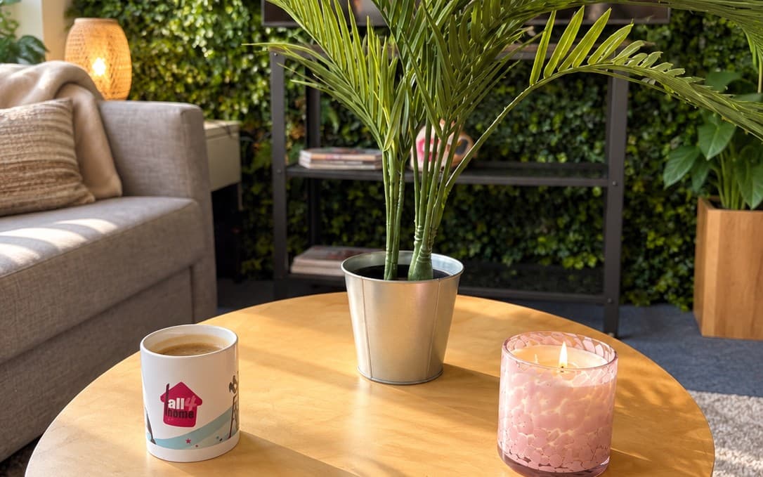 Coin détente de l’agence : une tasse, une bougie allumée et une plante sur une table basse