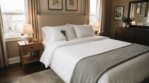 Chambre d’un appartement en location courte durée, lit fait et prêt pour l’arrivée d’un voyageur
