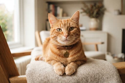 Chat roux installé sur un pouf, près d’une fenêtre