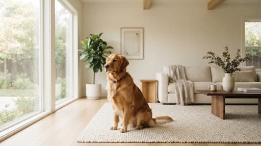 Chien assis sur un tapis dans un salon clair et rangé