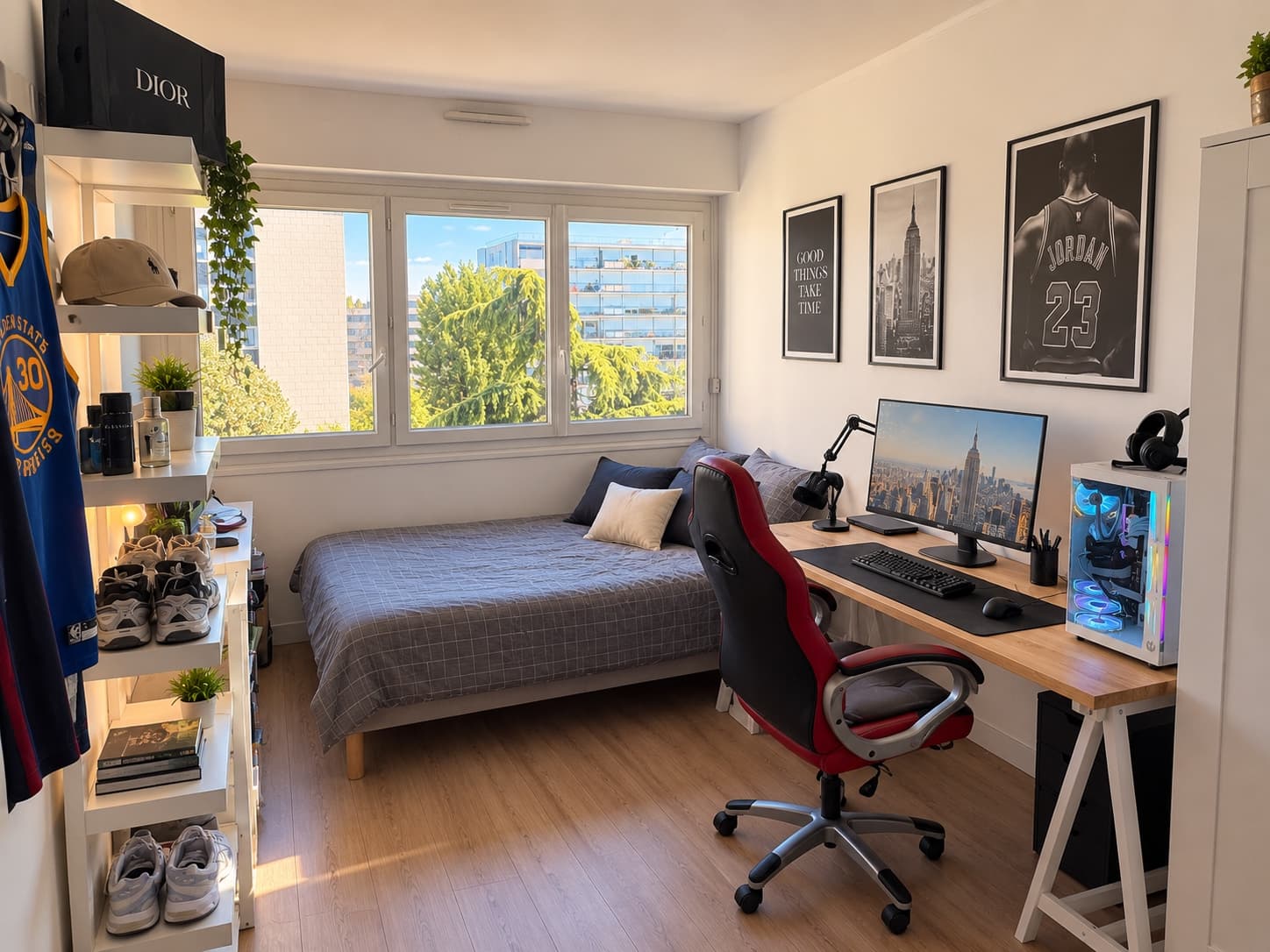 Chambre d’adolescent chez un client, lit fait et bureau rangé