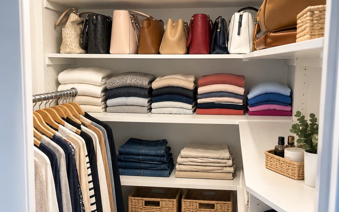 Dressing rangé chez un client, pulls pliés par couleur, jeans empilés et paniers en osier