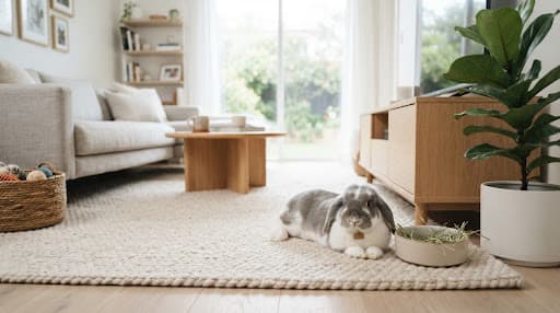 Lapin posé sur un tapis de laine dans un salon clair