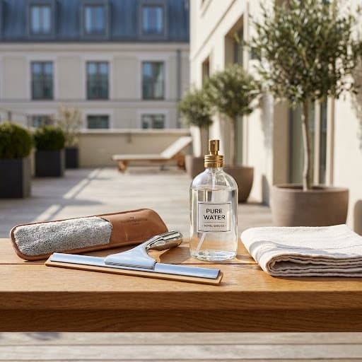 Raclette, seau et chiffons posés devant une grande vitre